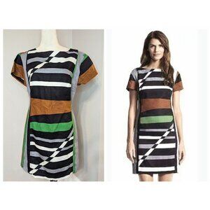 Derek Lam Black and White Striped Mini Dress with Green and Brown Accents